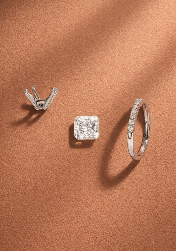 Montura "Ramí" Solitario con Diamantes Laterales a Cuatro Uñas